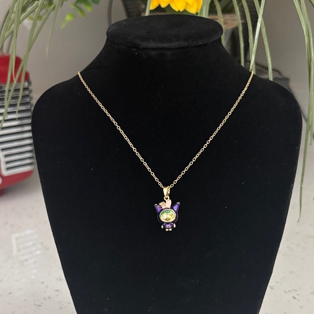 Stainless Steel Gold Chain Necklace with Purple Bunny Pendant, NWT